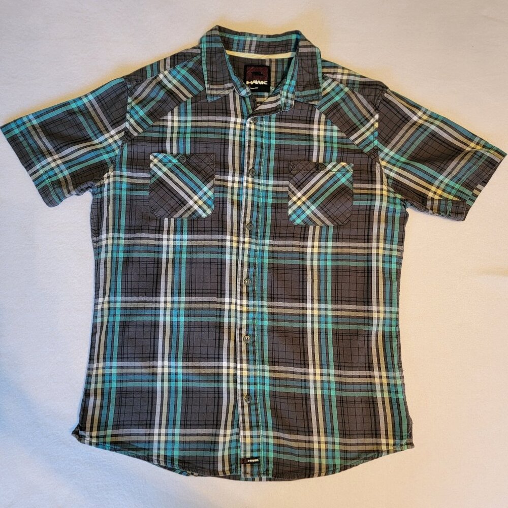 Tony Hawk Men's Short Sleeve Button Up Shirt XL Grey Yellow Blue Green